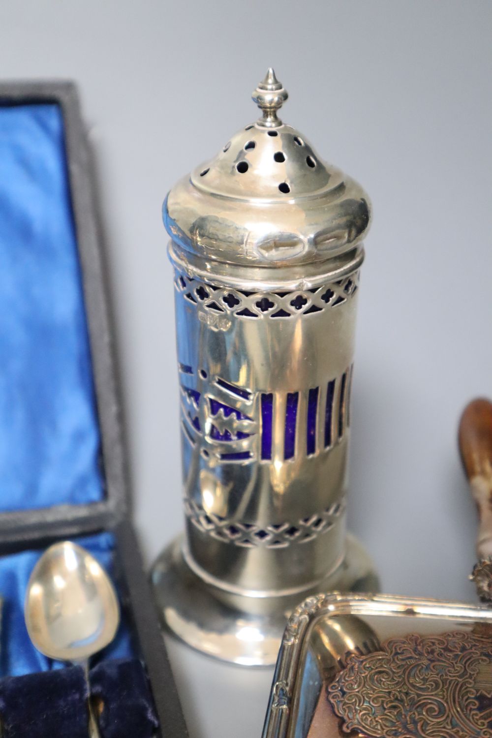 Silver plated ware including chafing dish, sugar caster, Apostle spoons with tongs, etc.